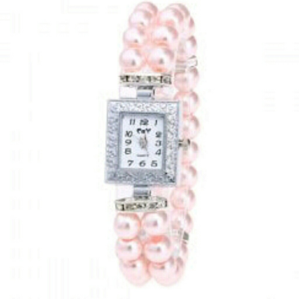 Pink Rectangle Number Faux Pearl Bracelet Watch